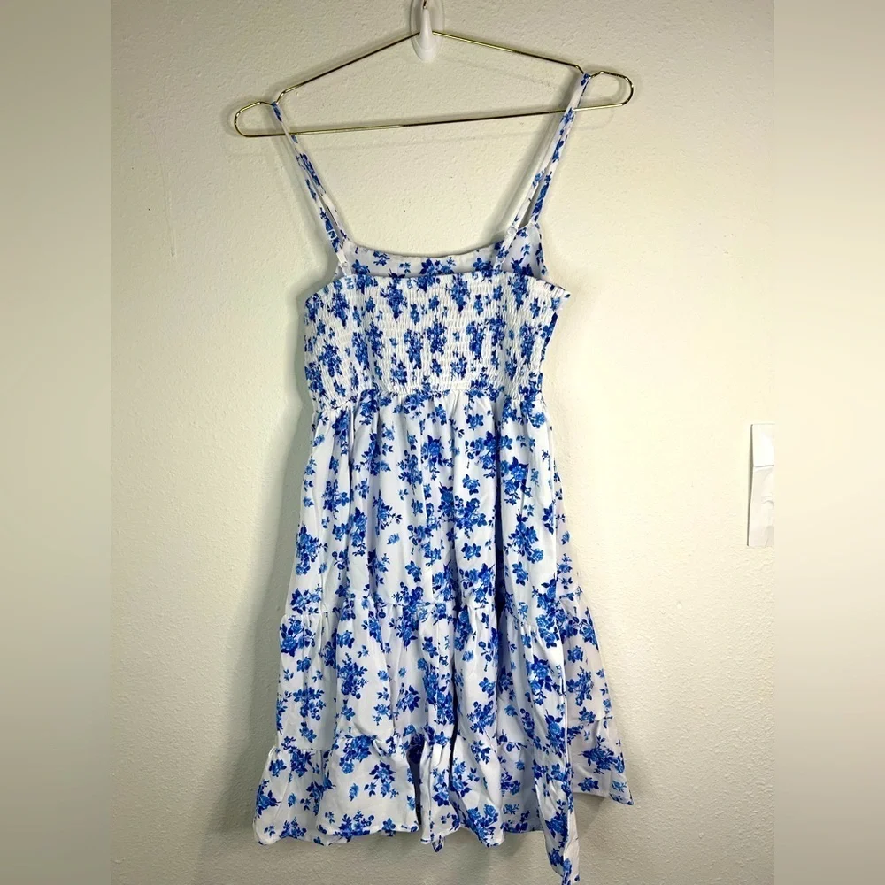 SHEIN Girls 11-12 Blue & White Floral Sundress Tiered Ruffle Skirt, Cottagecore